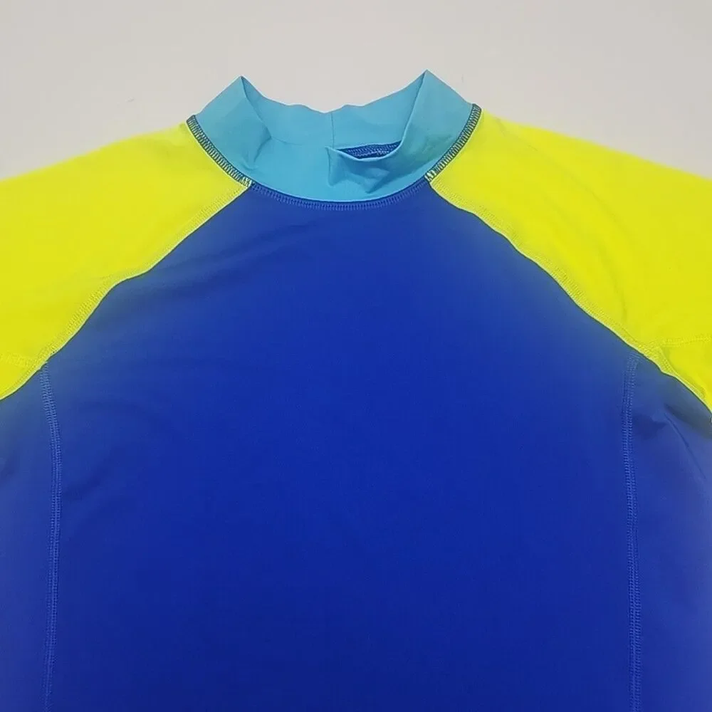 Lands End Rash Guard Swim Shirt Blue Yellow Short Sleeve Boy Youth XL 14-16 Mock